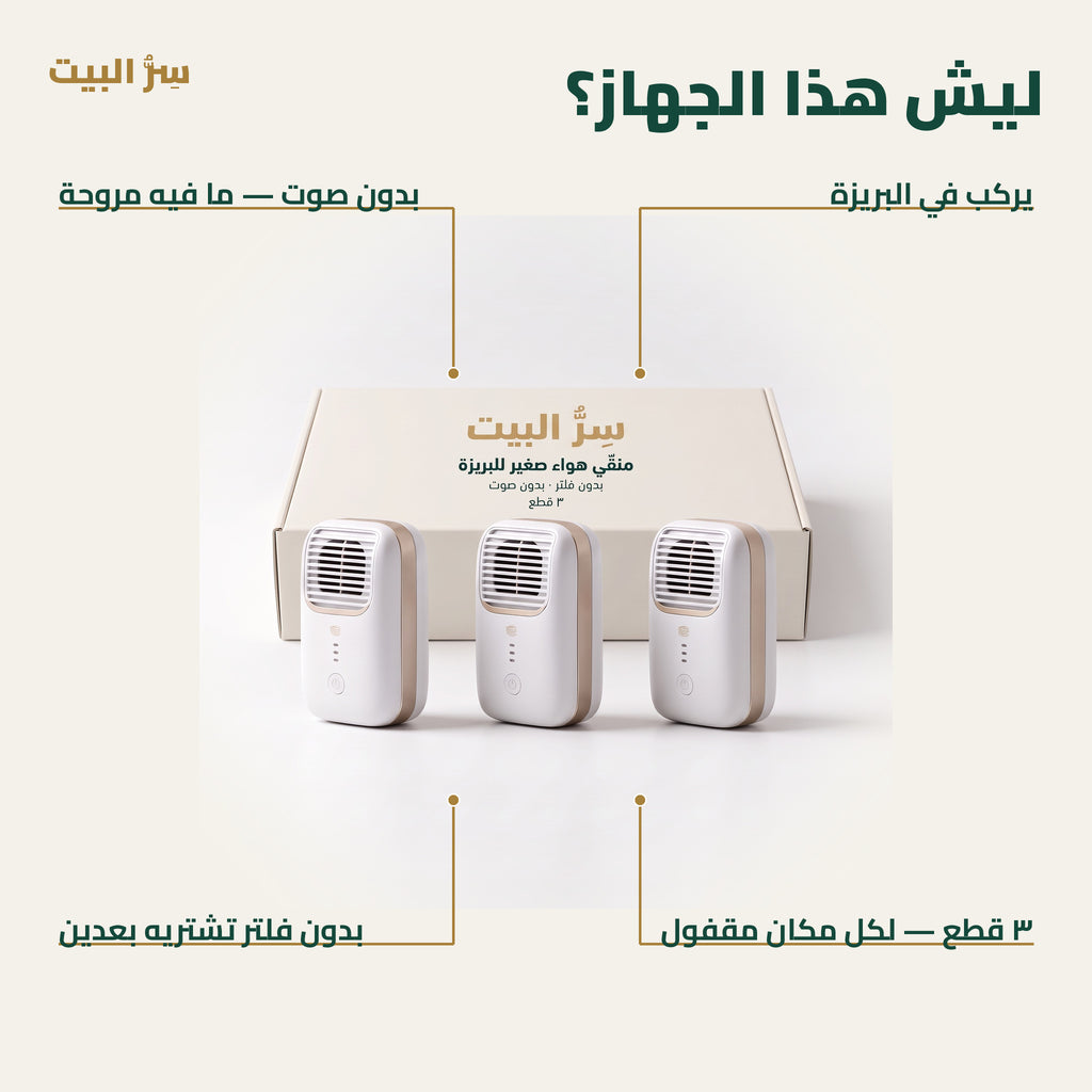 مميزات الجهاز: يركب في البريزة، بدون صوت، بدون فلتر، ٣ قطع