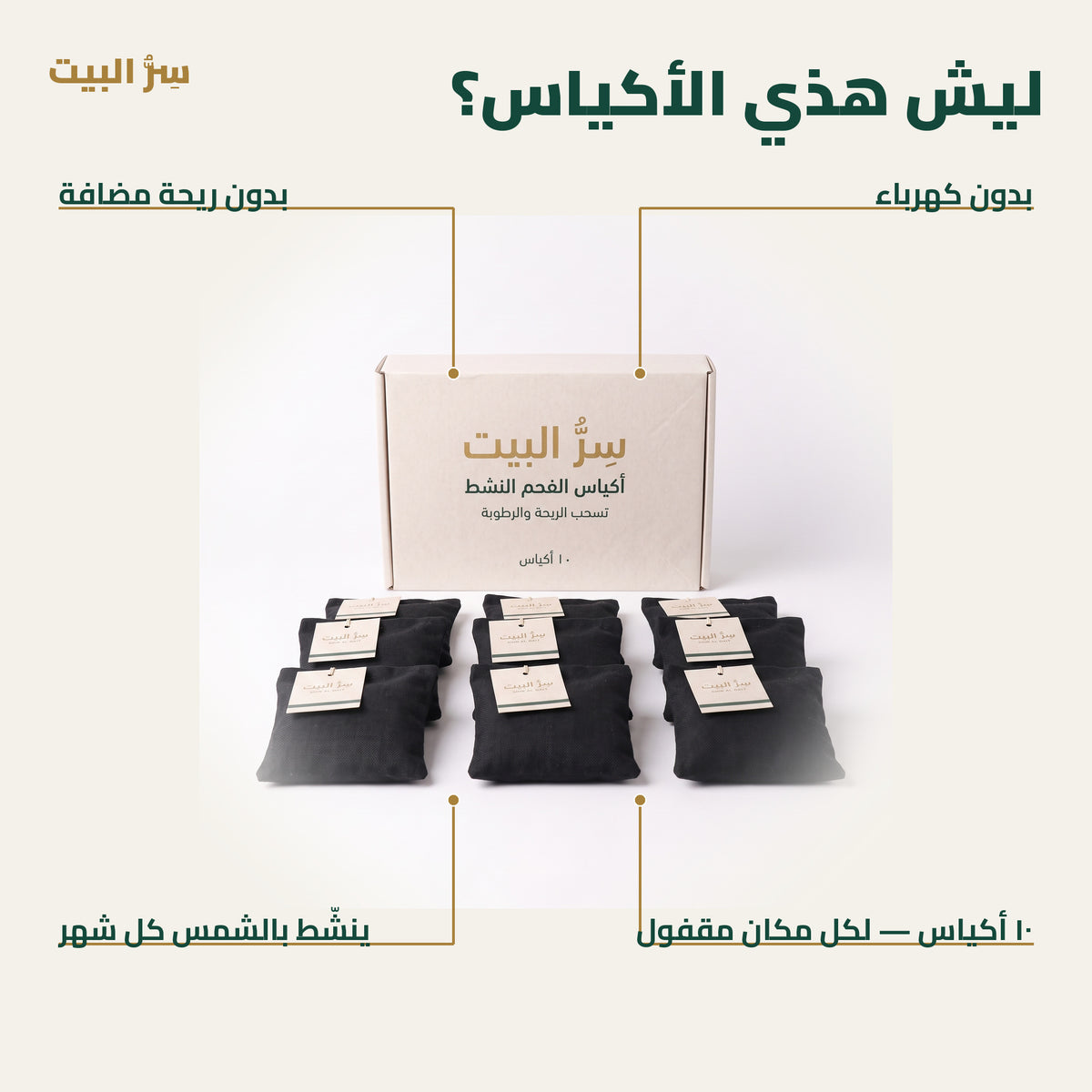 مميزات أكياس الفحم: بدون كهرباء، بدون ريحة مضافة، ١٠ أكياس، تنشط بالشمس