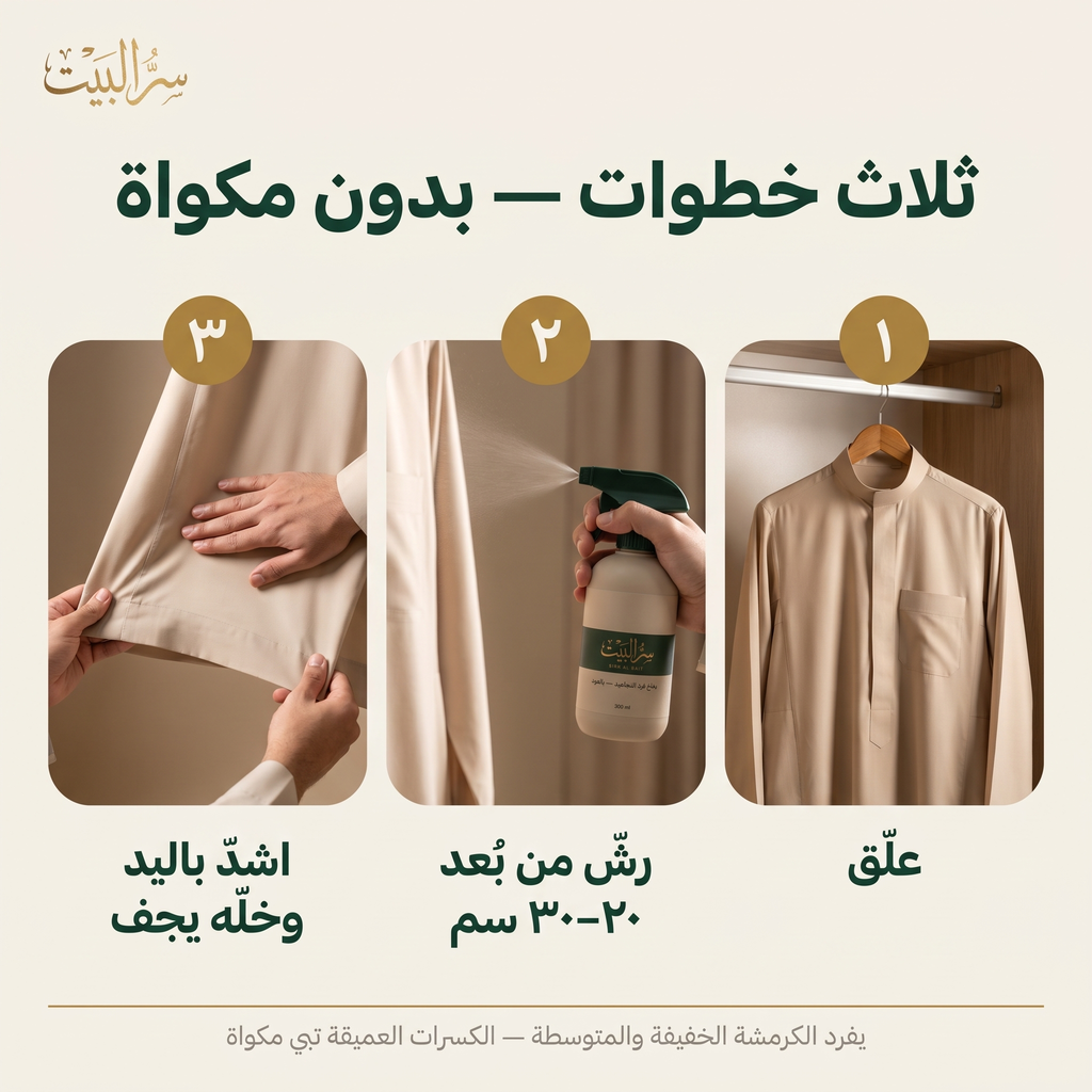 ثلاث خطوات بدون مكواة — علّق ثم رشّ من بُعد ٢٠ إلى ٣٠ سم ثم اشدّ باليد