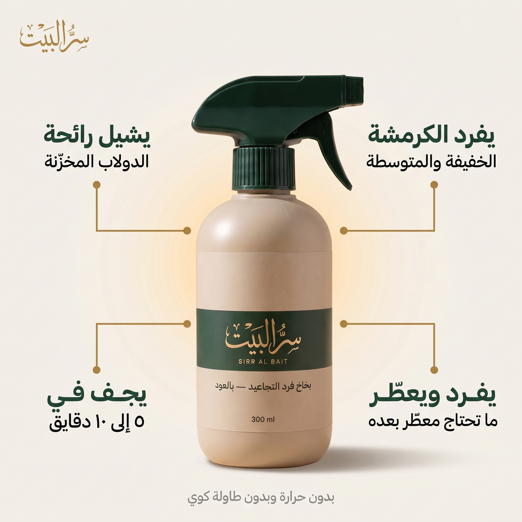 يفرد الكرمشة الخفيفة والمتوسطة ويشيل رائحة الدولاب ويفرد ويعطّر في رشّة واحدة ويجف في ٥ إلى ١٠ دقايق