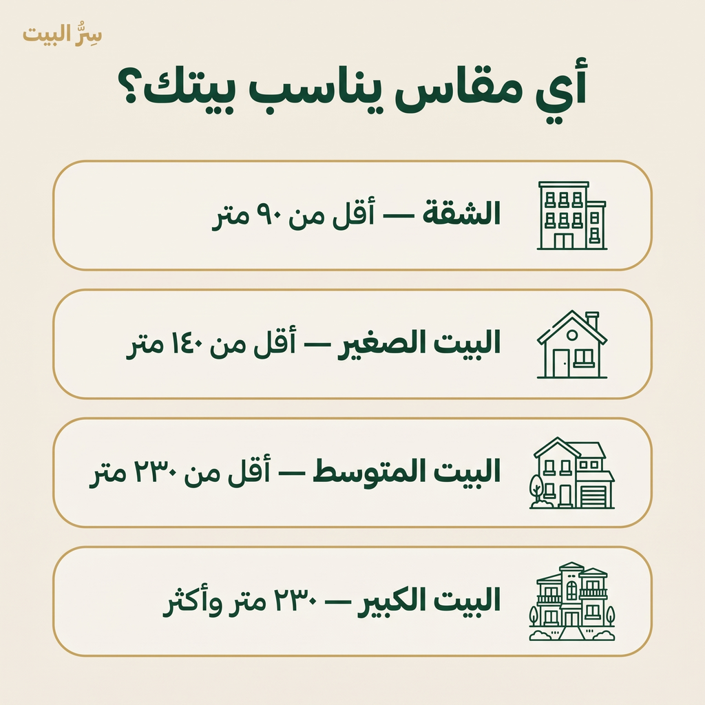 أي مقاس يناسب بيتك — أربعة أطقم حسب المساحة