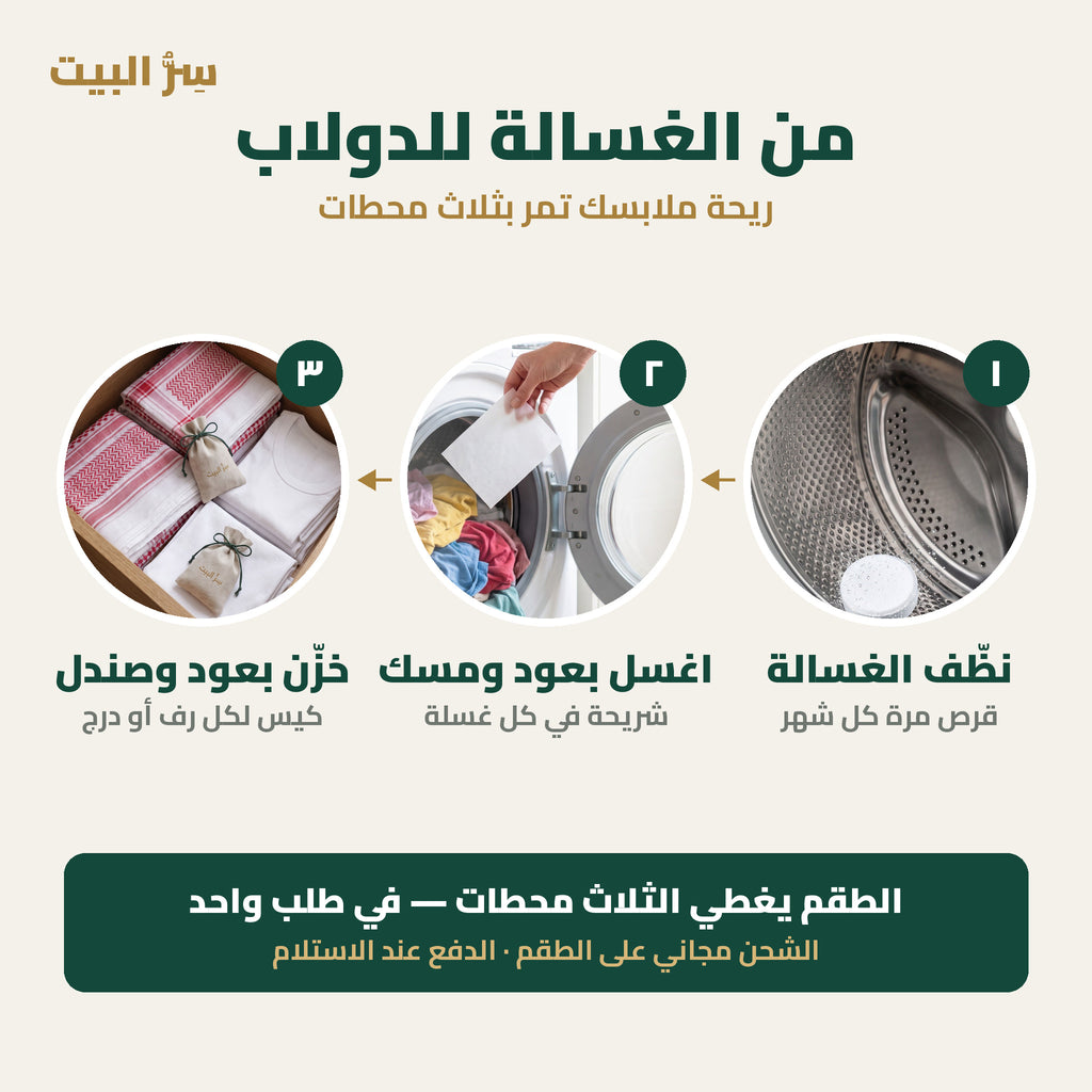 من الغسالة للدولاب — نظّف الغسالة، اغسل بعود ومسك، خزّن بعود وصندل